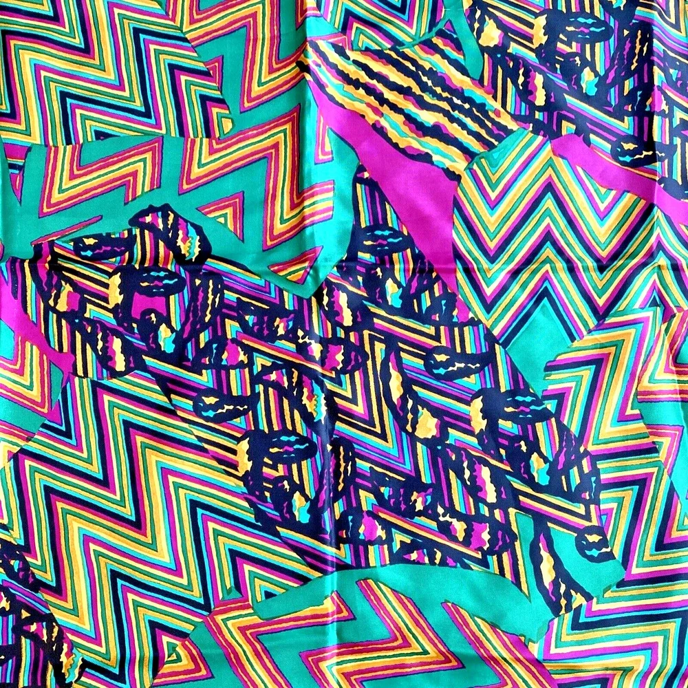 Colorful Silky Scarf Abstract Green Black Purple Yellow Print Large 34” Square